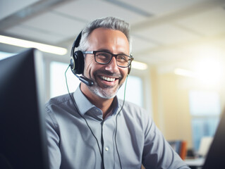 Young handsome male technical support agent trying to explain something to a client while using hands-free headset at call center