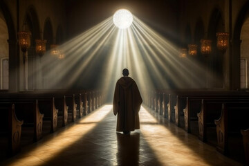 Christian monk in a church deeply immersed in prayer experiencing the revelation of divine light. Ai generated - obrazy, fototapety, plakaty