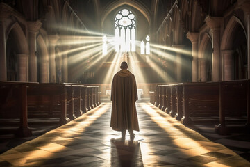 Christian monk in a church deeply immersed in prayer experiencing the revelation of divine light. Ai generated - obrazy, fototapety, plakaty