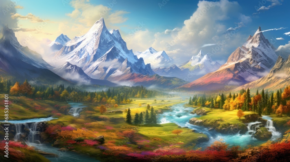 Poster a painting of a mountain range with a river running through it and a waterfall in the middle of the 
