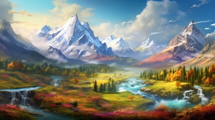  a painting of a mountain range with a river running through it and a waterfall in the middle of the picture.