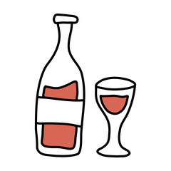 A bottle of wine and a glass vector doodle illustration.