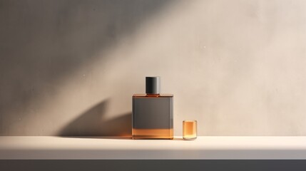 A luxurious parfum bottle elegantly placed on a shelf against a concrete wall, showcased in a high-quality 3D illustration.