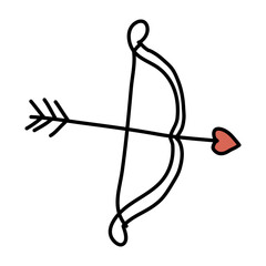 Bow with a heart-shaped arrow. Doodle vector illustration.
