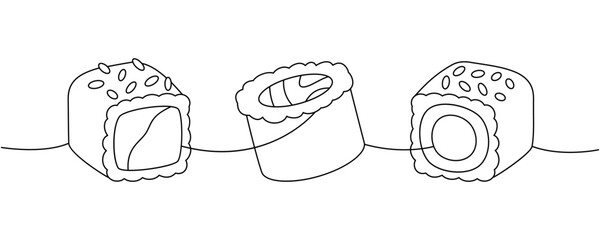 Sushi foods collection. Japanese cuisine, traditional food one line drawing. Tekkamaki tuna roll, futomaki continuous one line illustration.