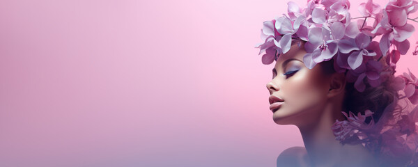 Beautiful young woman with purple flowers on her head