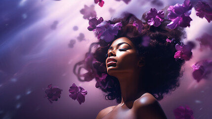 Abstract artistic portrait of Afro American woman with purple flowers over her head - obrazy, fototapety, plakaty