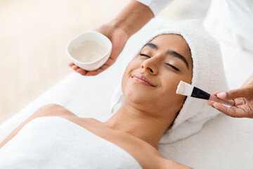 Obraz na płótnie Canvas Woman getting facial nourishing mask by professional beautician at spa