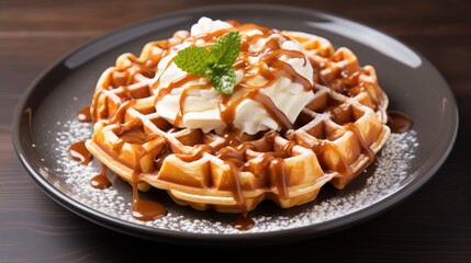  a waffle topped with ice cream and caramel drizzle on a black plate on a wooden table.