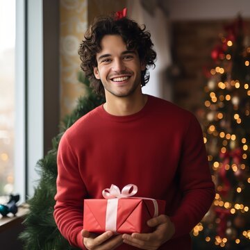A brunette man, adorned in a simple red sweatshirt, smiles while standing in a Christmas-themed home, clutching a present.