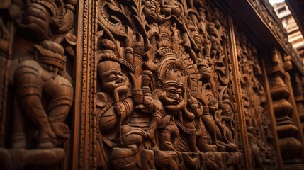 An intricately carved wooden door leading to a Hanuman temple.