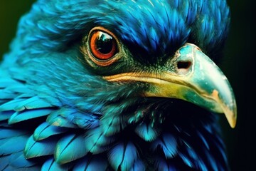 Fototapeta premium Beautiful bright blue peacock feathers close-up. Feathers of an exotic bird. Indigo bird.