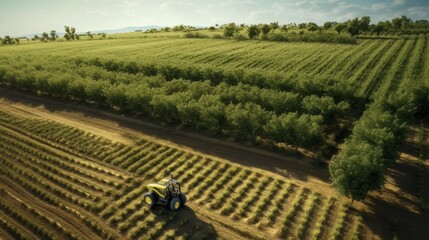 Scenic top view of a tractor spraying green fields. Organic irrigation field.