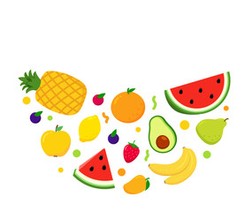Set Summer fruits in round. Strawberry, cherry, watermelon, apple, pear, banana,
