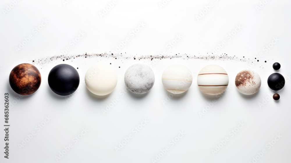 Poster  a row of different colored and black and white balls on a white surface with a line of smaller ones in the middle of the row.