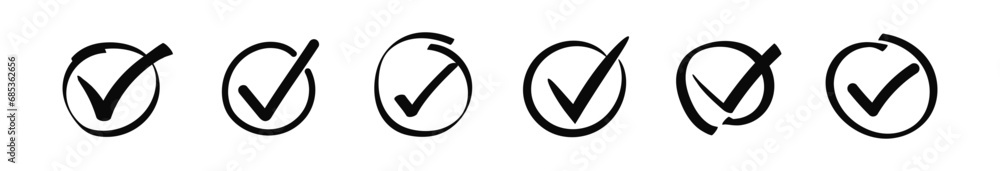 Poster doodle check marks in circle. brush stroke tick in round frame