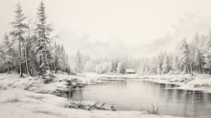  a black and white photo of a snowy landscape with trees and a river in the foreground and a cabin in the distance.