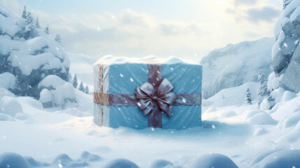 Fototapeta na wymiar A large gift box lies in the snow, a perfect template for Christmas sales