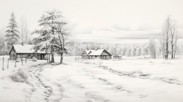  a drawing of a snowy landscape with a house and trees in the foreground and a train track in the foreground.