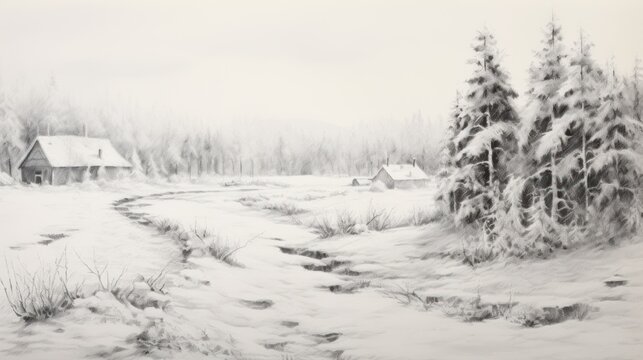  a drawing of a snowy landscape with a house in the distance and trees in the foreground with snow on the ground.