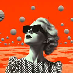  Portrait of a blonde with black sunglasses and a polka dot dress. Minimal black red halftone artwork composition. Modern but retro