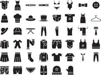 Fototapeta na wymiar Clothes solid glyph icons set, including icons such as Bikini, Bow, Belt, Beach Dress, Dress, Hat, Jeans, and more. Vector icon collection
