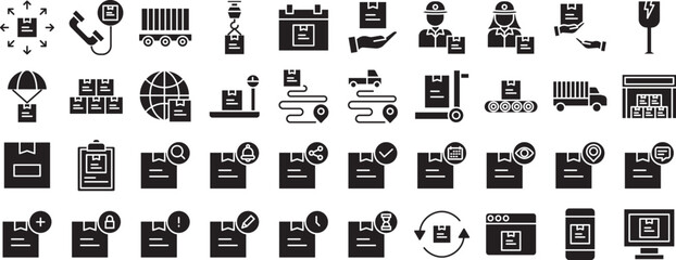 Package delivery and courier solid glyph icons set, including icons such as Fragile, Package, Trolley, Warehouse, Transport, and more. Vector icon collection
