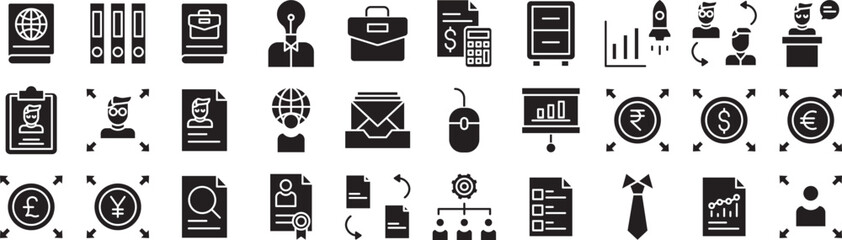 Office management solid glyph icons set, including icons such as Agenda, Archive, Book, Brainstorming, Briefcase, Budget, and more. Vector icon collection