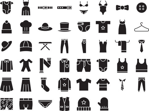 Clothes solid glyph icons set, including icons such as Bikini, Bow, Belt, Beach Dress, Dress, Hat, Jeans, and more. Vector icon collection