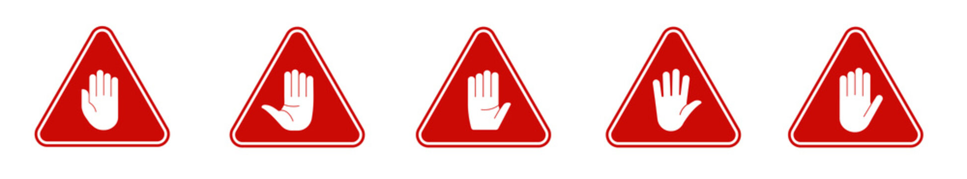 Stop hand road triangle sign vector. Restricted area banner