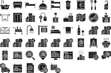 Hotel service solid glyph icons set, including icons such as Bathtub, Embed, File, Call, Chef, Bell, and more. Vector icon collection