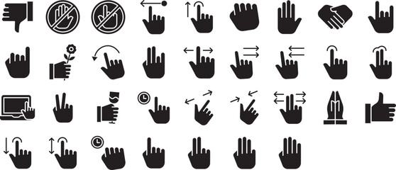 Hand gestures solid glyph icons set, including icons such as Drag, Dont touch, Like, Rotate, Swipe, and more. Vector icon collection