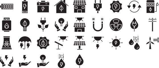 Energy and smart home solid glyph icons set, including icons such as Eco Gas, Energy Source, Magnet, Nuclear, and more. Vector icon collection
