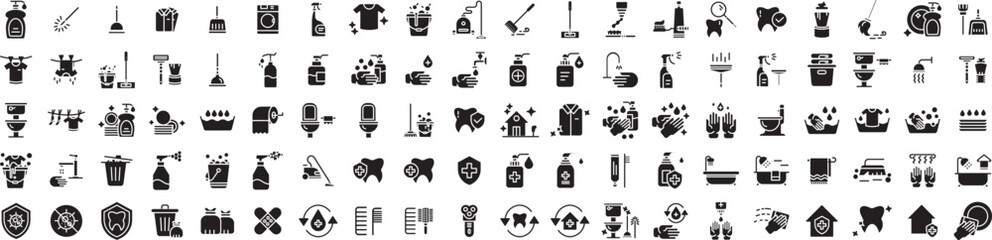 Cleaning and disinfection solid glyph icons set, including icons such as Anti Virus, Broom, Cleaner, Commode, Clean Home, and more. Vector icon collection