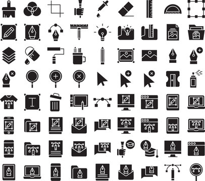 Graphic design solid glyph icons set, including icons such as Add Point, Color, Crop, Brush, Dropper, and more. Vector icon collection