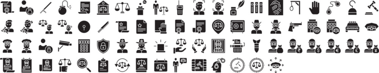 Law and justice solid glyph icons set, including icons such as Baton, Agreement, Decision, Court, Contract, and more. Vector icon collection - obrazy, fototapety, plakaty