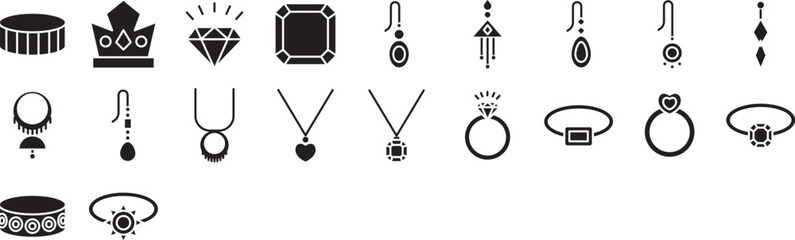 Jewelry solid glyph icons set, including icons such as Bangle, Crown, Diamond, Earrings, Necklace, and more. Vector icon collection