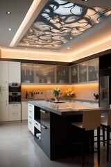 An inviting kitchen with a stylish false ceiling design, combining aesthetics and functionality seamlessly.