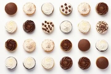 delicious assorted cupcakes of different flavors and colors on white background, top view - obrazy, fototapety, plakaty
