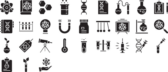 Science and experiments solid glyph icons set, including icons such as Physics, Atom, Cells, Dna, Magnet, Journal, Sprout, Syringe, and more. Vector icon collection