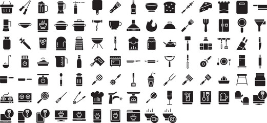 Kitchen appliances and cooking solid glyph icons set, including icons such as Kettle, Knife, Kitchen, Pan, Saucepan, Rolling Pin, and more. Vector icon collection