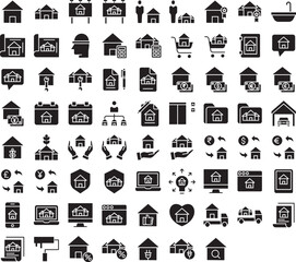 Property and real estate solid glyph icons set, including icons such as Award, Bath tub, Broker, Chat, Builder, and more. Vector icon collection