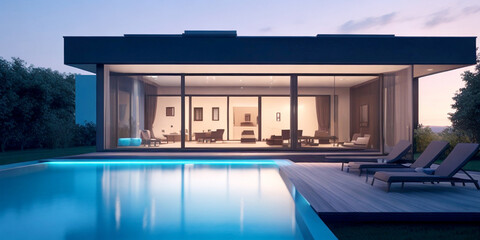 interior of Luxury House with a Tranquil Pool Retreat. generative ai