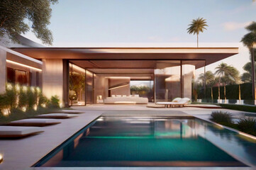 Fototapeta premium interior of Luxury House with a Tranquil Pool Retreat. generative ai