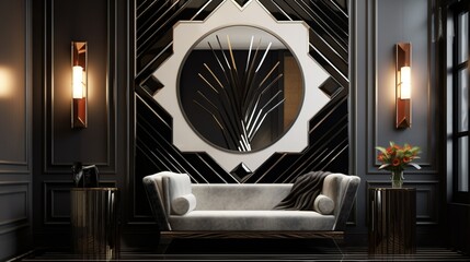 Art deco room with geometric mirror.