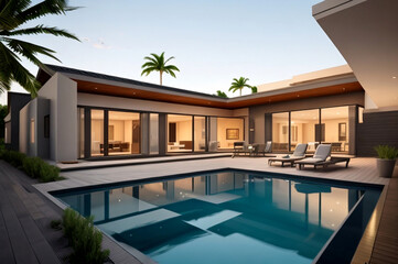Fototapeta premium interior of Luxury House with a Tranquil Pool Retreat. generative ai