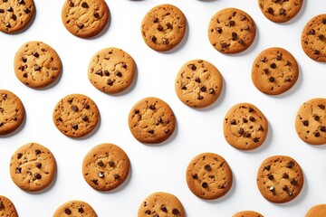 Obraz premium Many delicious chocolate chip cookies on white background, flat lay