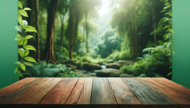 Empty wooden table with a rustic texture against a blurred natural garden or forest backdrop, suitable for Adobe Stock Photo.
