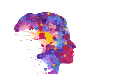 Illustration of human head silhouette with abstract watercolor splashes © WhataWin