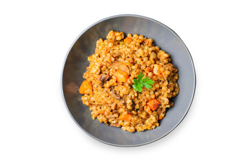 Spelt Pumpkin Mushroom Risotto on White Background, Vegetarian Meal